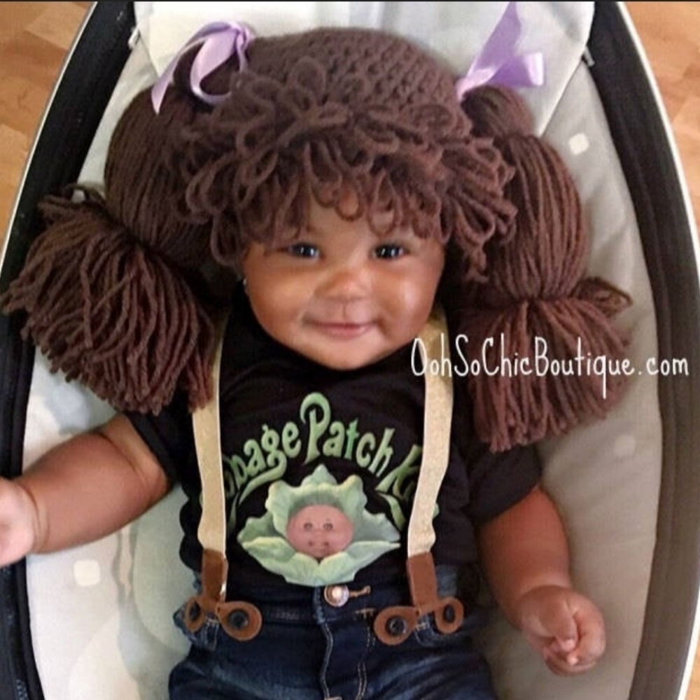 6 mos. 80s Cabbage Patch Doll Unique Baby Costume Wig Hat, Dress & Iron-on Patch